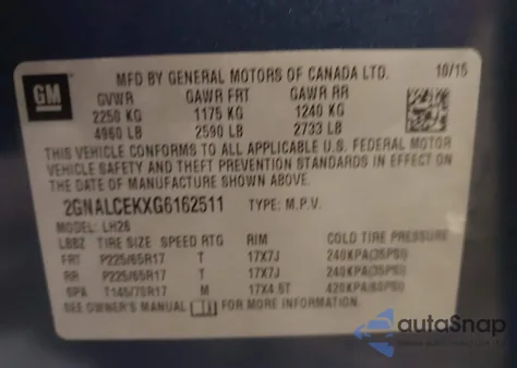 2016 Chevrolet Equinox Lt из США, поврежденный, VIN 2GNALCEKXG6162511